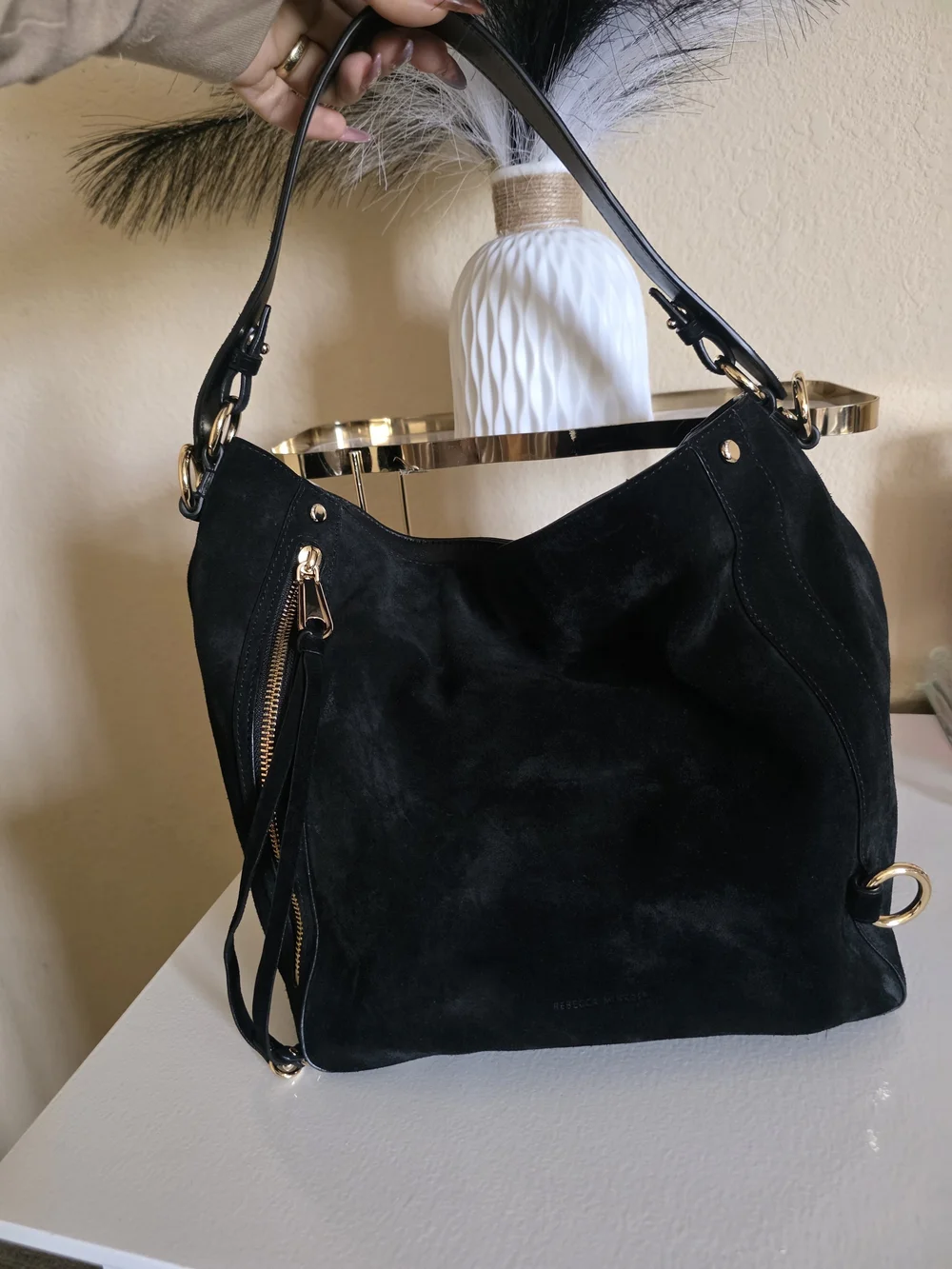 Rebecca Minkoff Suede Hobo in Tan with Dark Trim